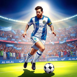 A vibrant and dynamic illustration of Lionel Messi wearing the blue and white jersey of Al Hilal, showcasing his iconic dribbling pose on the soccer field