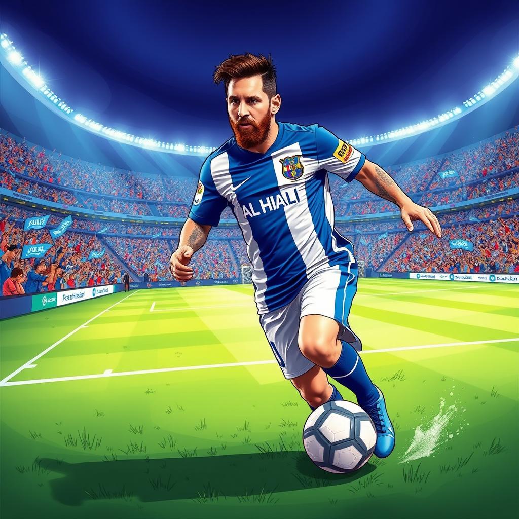 A vibrant and dynamic illustration of Lionel Messi wearing the blue and white jersey of Al Hilal, showcasing his iconic dribbling pose on the soccer field