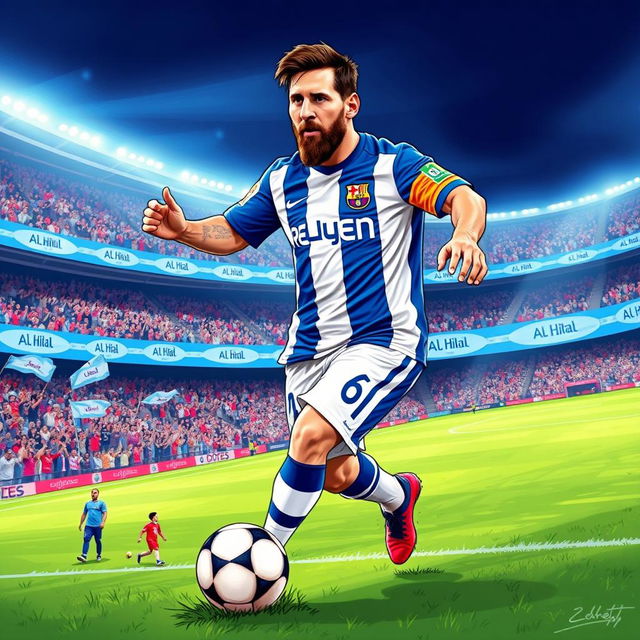 A vibrant and dynamic illustration of Lionel Messi wearing the blue and white jersey of Al Hilal, showcasing his iconic dribbling pose on the soccer field