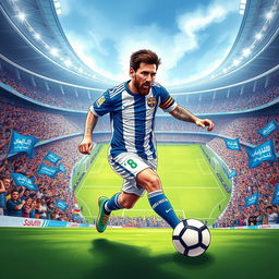 A vibrant and dynamic illustration of Lionel Messi wearing the blue and white jersey of Al Hilal, showcasing his iconic dribbling pose on the soccer field