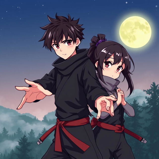 A captivating anime-style illustration of a 20-year-old ninja boy and girl, both equipped with traditional ninja gear, showcasing their skills and camaraderie