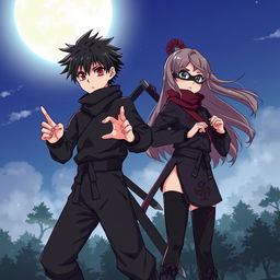 A captivating anime-style illustration of a 20-year-old ninja boy and girl, both equipped with traditional ninja gear, showcasing their skills and camaraderie