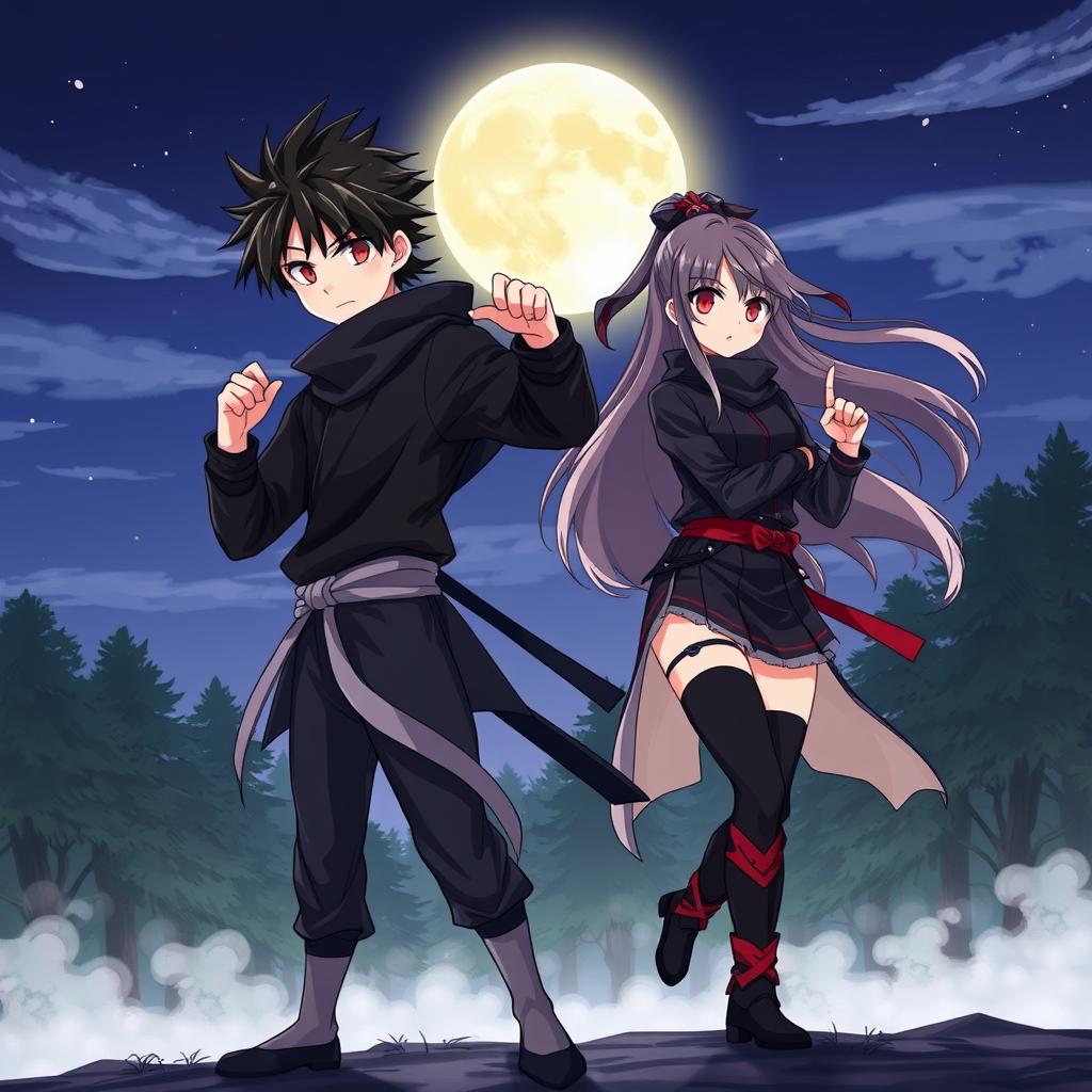 A captivating anime-style illustration of a 20-year-old ninja boy and girl, both equipped with traditional ninja gear, showcasing their skills and camaraderie