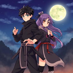 A captivating anime-style illustration of a 20-year-old ninja boy and girl, both equipped with traditional ninja gear, showcasing their skills and camaraderie