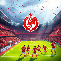 A vibrant and energetic illustration showcasing the iconic logo of Persepolis Football Club, with its red and white color scheme prominently displayed