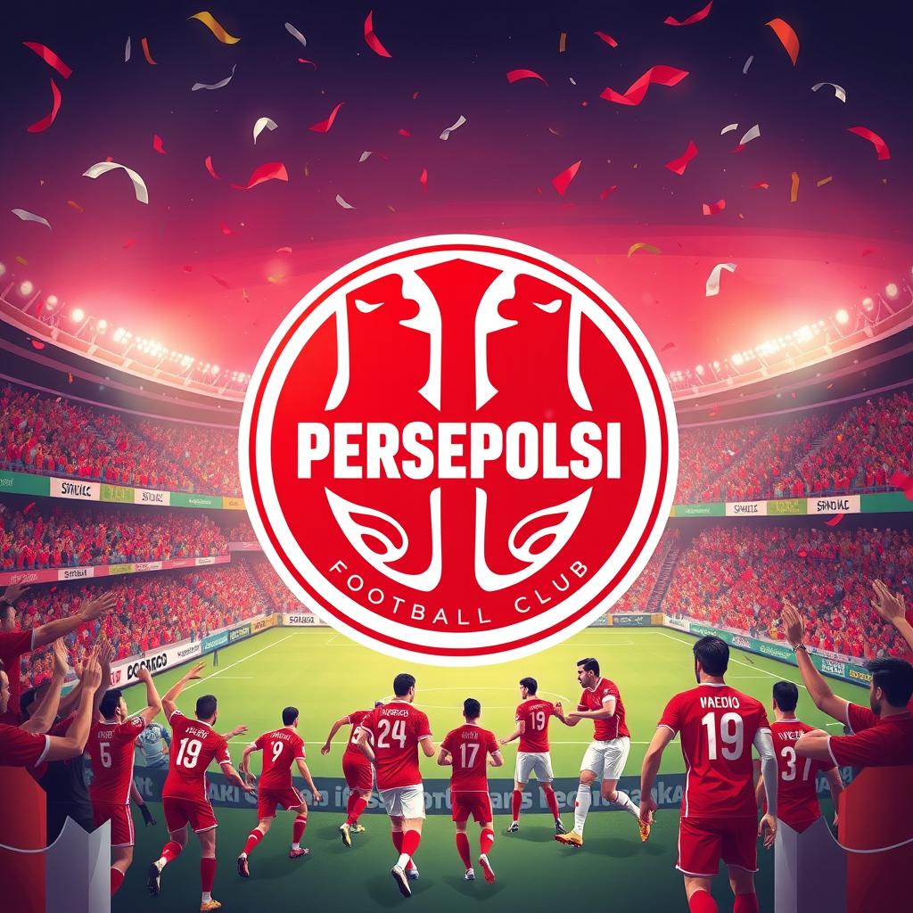 A vibrant and energetic illustration showcasing the iconic logo of Persepolis Football Club, with its red and white color scheme prominently displayed