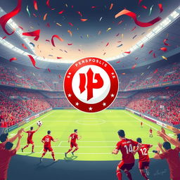 A vibrant and energetic illustration showcasing the iconic logo of Persepolis Football Club, with its red and white color scheme prominently displayed