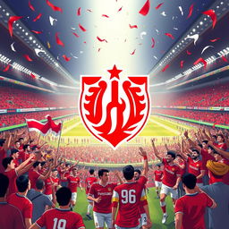 A vibrant and energetic illustration showcasing the iconic logo of Persepolis Football Club, with its red and white color scheme prominently displayed