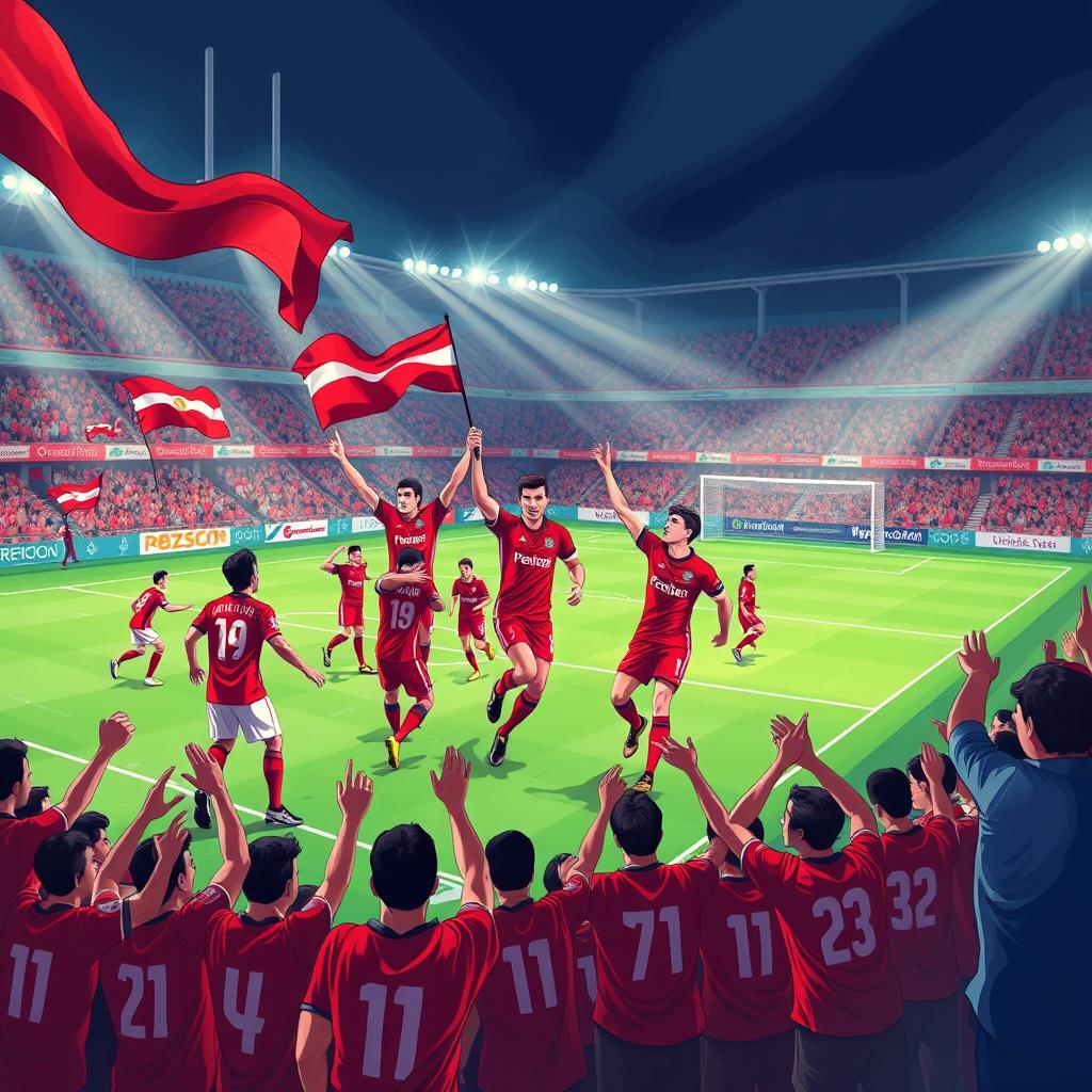 A vibrant illustration of Persepolis Football Club in action, showcasing the players in their iconic red and white kits