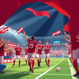 A vibrant illustration of Persepolis Football Club in action, showcasing the players in their iconic red and white kits