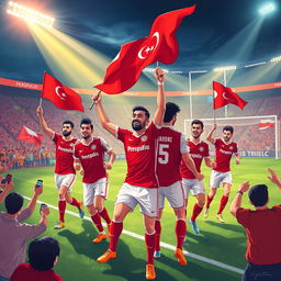 A vibrant illustration of Persepolis Football Club in action, showcasing the players in their iconic red and white kits