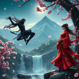 An epic fantasy scene depicting a romantic moment between two ninjas amidst a mystical and lush landscape