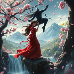 An epic fantasy scene depicting a romantic moment between two ninjas amidst a mystical and lush landscape