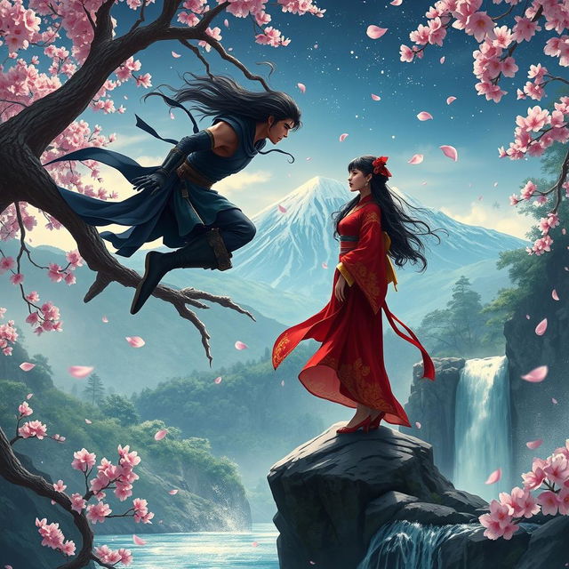 An epic fantasy scene depicting a romantic moment between two ninjas amidst a mystical and lush landscape