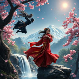 An epic fantasy scene depicting a romantic moment between two ninjas amidst a mystical and lush landscape