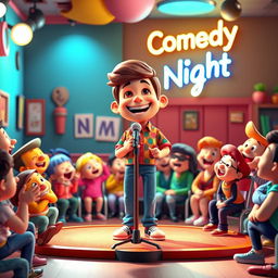 A vibrant 3D Pixar-style cartoon scene featuring a stand-up comic performing on stage
