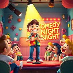 A vibrant 3D Pixar-style cartoon scene featuring a stand-up comic performing on stage