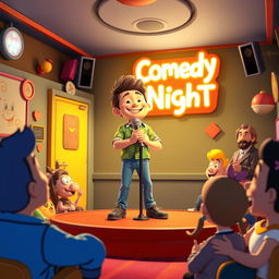A vibrant 3D Pixar-style cartoon scene featuring a stand-up comic performing on stage