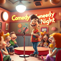 A vibrant 3D Pixar-style cartoon scene featuring a stand-up comic performing on stage