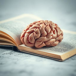 A visually striking image of a human brain placed on an open book, with the pages slightly fluttering as if a breeze is passing through