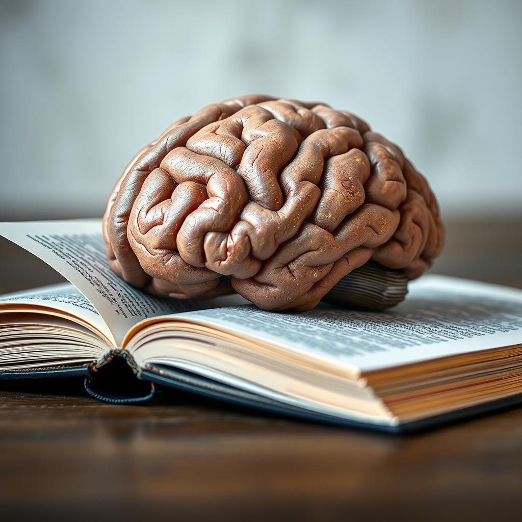 A visually striking image of a human brain placed on an open book, with the pages slightly fluttering as if a breeze is passing through