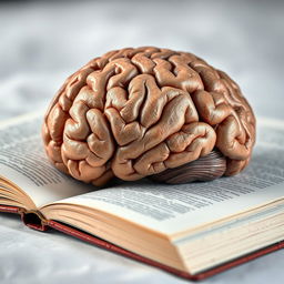 A visually striking image of a human brain placed on an open book, with the pages slightly fluttering as if a breeze is passing through