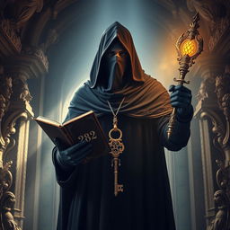 A mysterious knight cloaked in a flowing black fabric, his face obscured by a dark cloth mask, stands within a beautifully ornate tomb illuminated softly by ethereal light