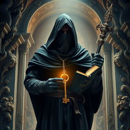 A mysterious knight cloaked in a flowing black fabric, his face obscured by a dark cloth mask, stands within a beautifully ornate tomb illuminated softly by ethereal light