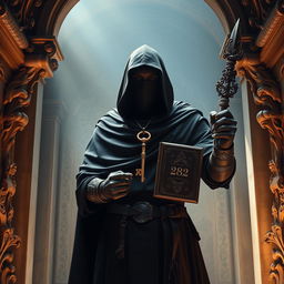 A mysterious knight cloaked in a flowing black fabric, his face obscured by a dark cloth mask, stands within a beautifully ornate tomb illuminated softly by ethereal light