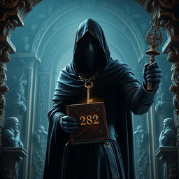 A mysterious knight cloaked in a flowing black fabric, his face obscured by a dark cloth mask, stands within a beautifully ornate tomb illuminated softly by ethereal light