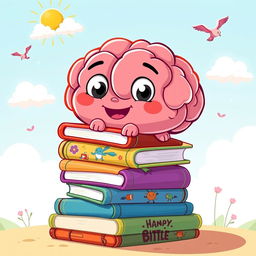 A colorful, whimsical illustration of a cartoonish brain sitting atop a stack of whimsical, animated books