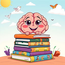 A colorful, whimsical illustration of a cartoonish brain sitting atop a stack of whimsical, animated books