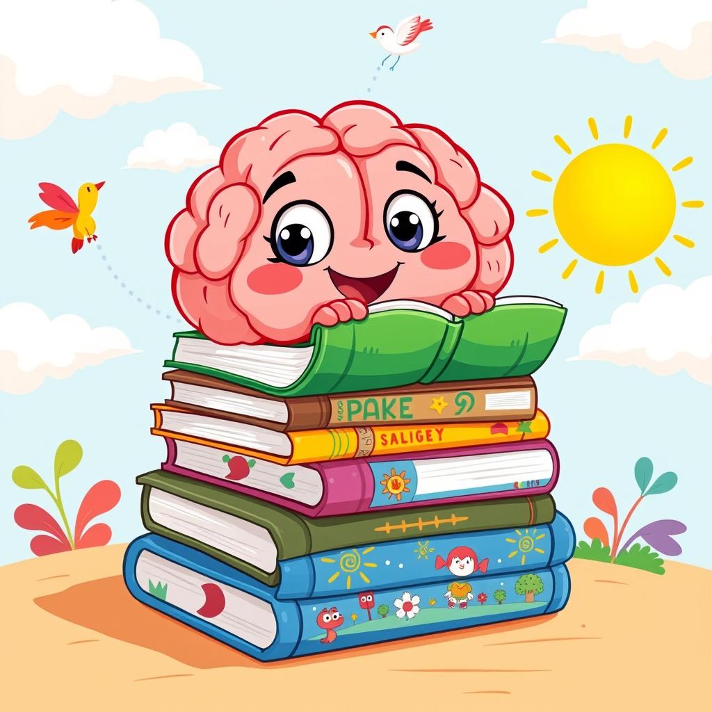 A colorful, whimsical illustration of a cartoonish brain sitting atop a stack of whimsical, animated books