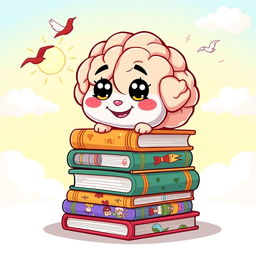 A colorful, whimsical illustration of a cartoonish brain sitting atop a stack of whimsical, animated books