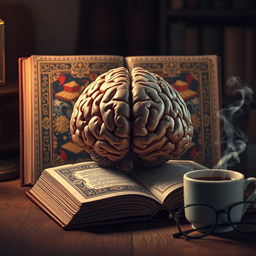 A captivating image featuring a human brain in front of an intriguing book