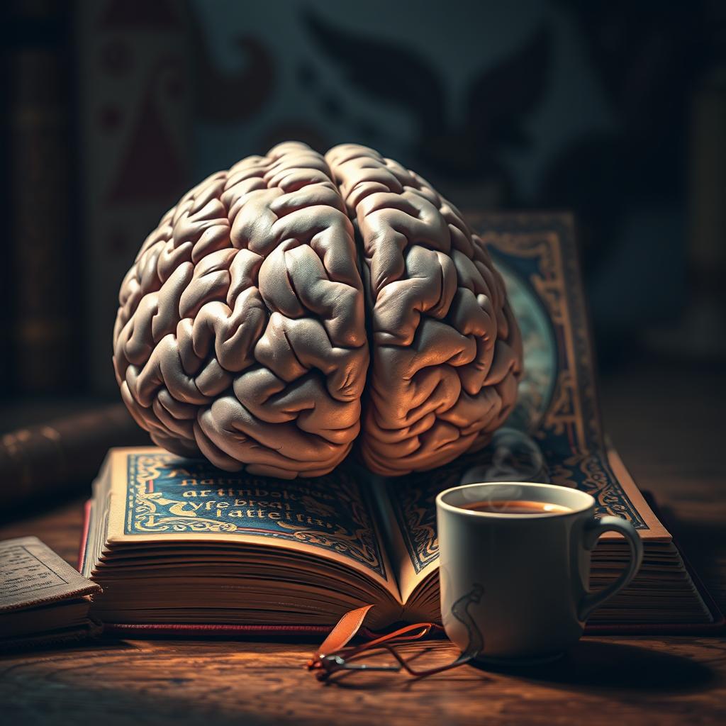A captivating image featuring a human brain in front of an intriguing book