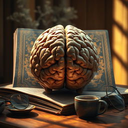 A captivating image featuring a human brain in front of an intriguing book