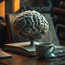 A captivating image featuring a human brain in front of an intriguing book