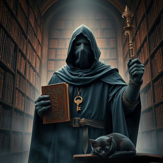 A mysterious knight cloaked in a flowing black cloak, with a face obscured by a cloth mask