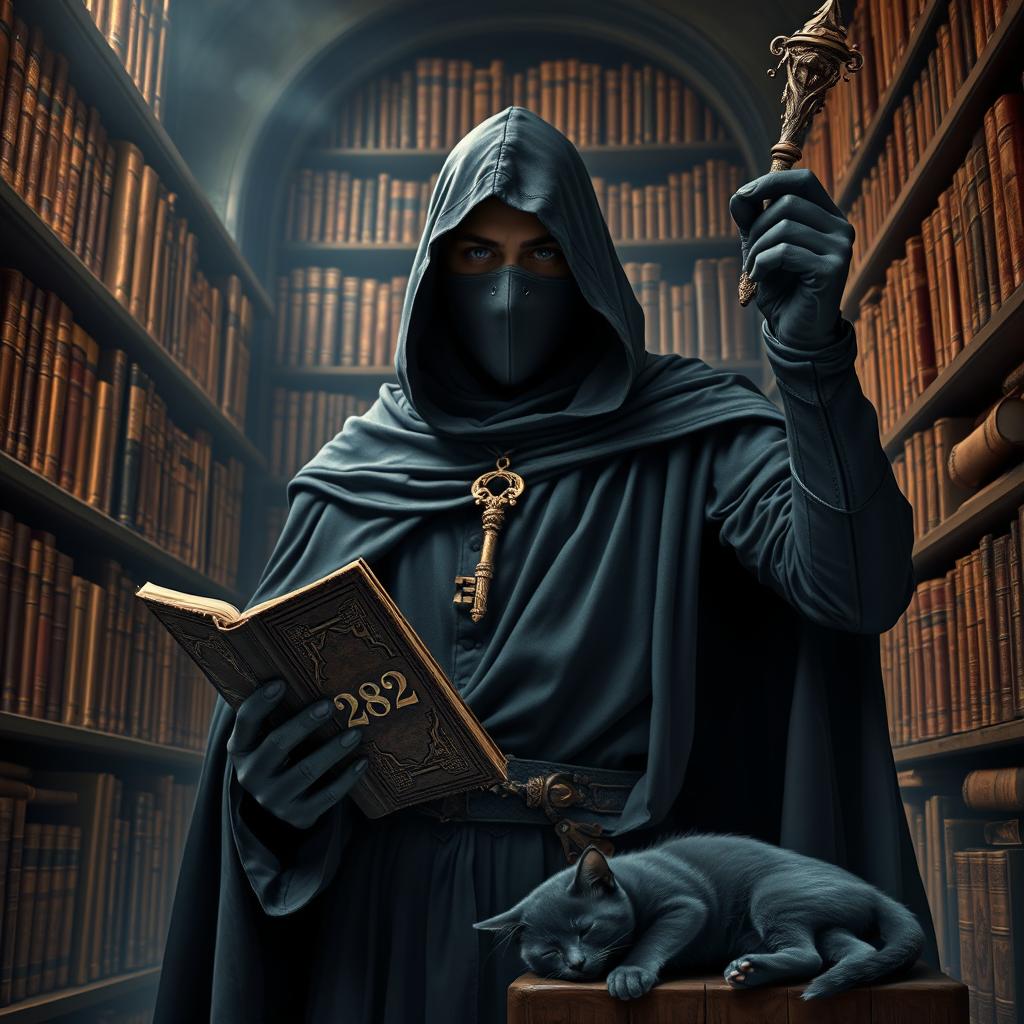 A mysterious knight cloaked in a flowing black cloak, with a face obscured by a cloth mask