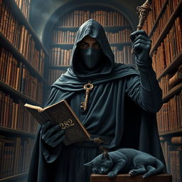 A mysterious knight cloaked in a flowing black cloak, with a face obscured by a cloth mask