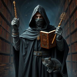 A mysterious knight cloaked in a flowing black cloak, with a face obscured by a cloth mask