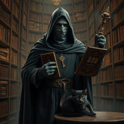 A mysterious knight cloaked in a flowing black cloak, with a face obscured by a cloth mask