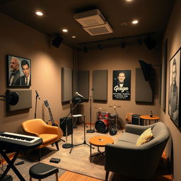A cozy and small audition studio designed for musicians and performers, featuring soundproof walls, professional lighting, and a small stage area with a microphone