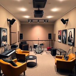 A cozy and small audition studio designed for musicians and performers, featuring soundproof walls, professional lighting, and a small stage area with a microphone