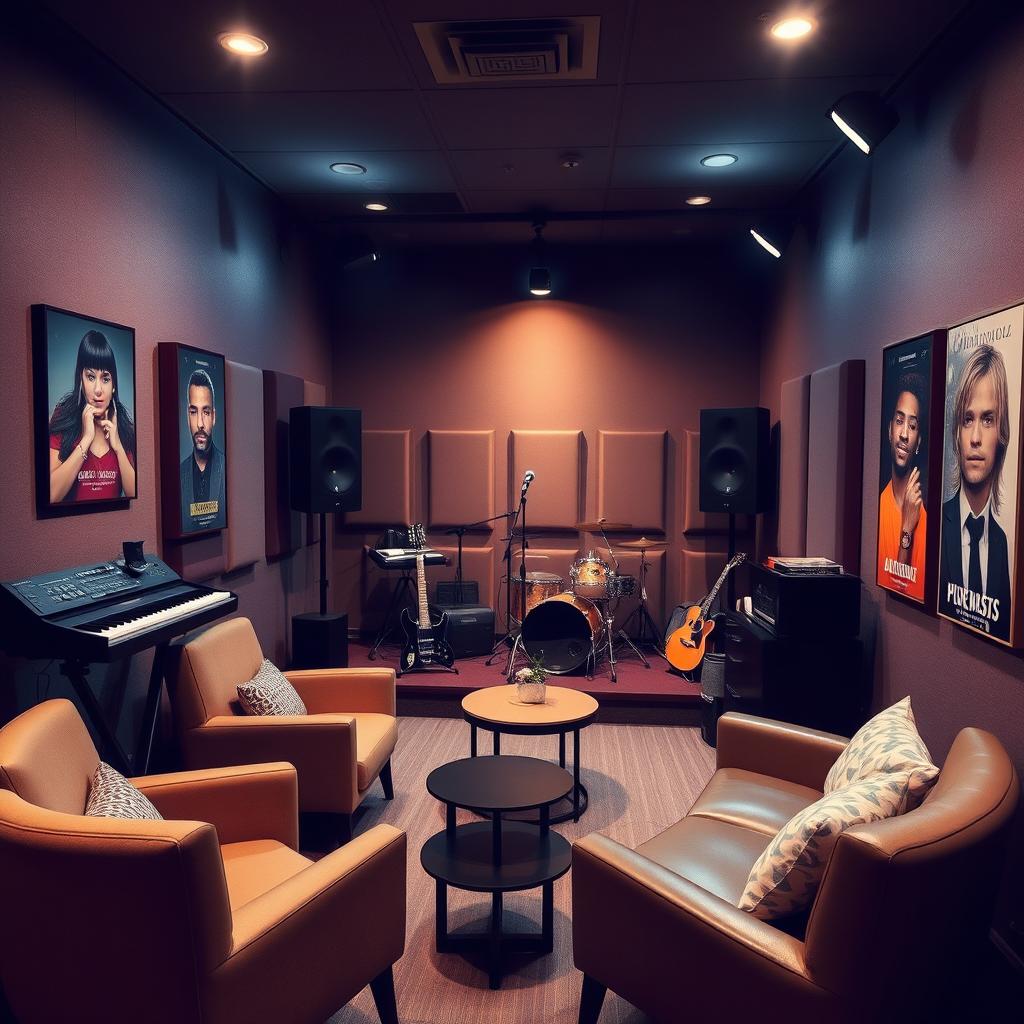 A cozy and small audition studio designed for musicians and performers, featuring soundproof walls, professional lighting, and a small stage area with a microphone