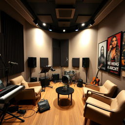 A cozy and small audition studio designed for musicians and performers, featuring soundproof walls, professional lighting, and a small stage area with a microphone