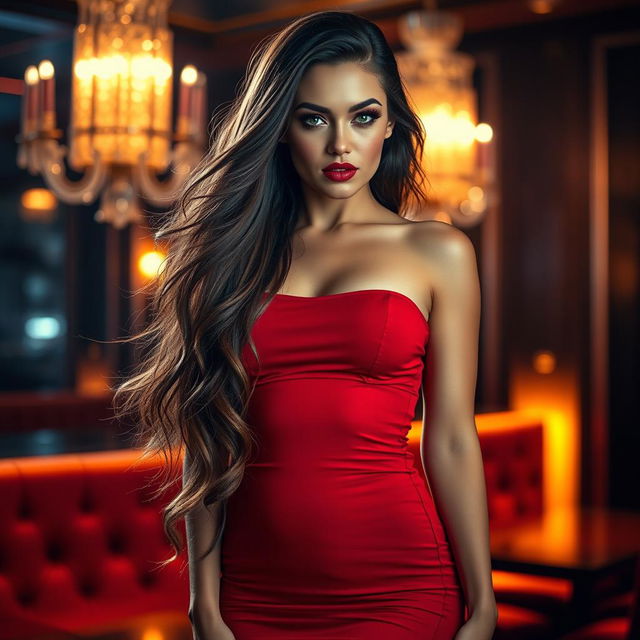 A stunningly beautiful woman with long flowing hair, wearing a form-fitting red dress that clings to her curves, showcasing her hourglass figure