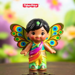 A Fisher-Price Little People-style figurine representing an Indian fairy, featuring small, colorful peacock pattern wings that are bright and playful