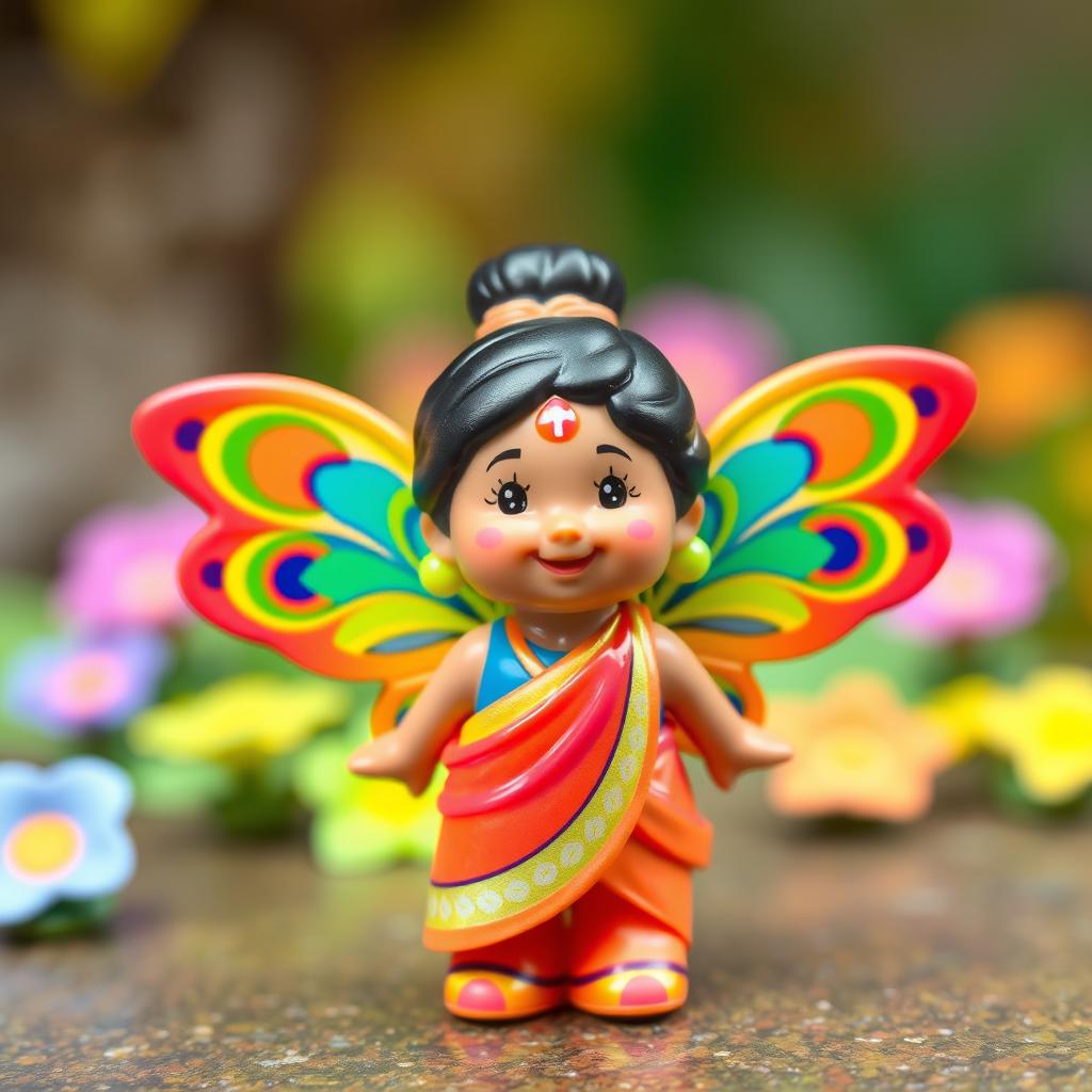 A Fisher-Price Little People-style figurine representing an Indian fairy, featuring small, colorful peacock pattern wings that are bright and playful